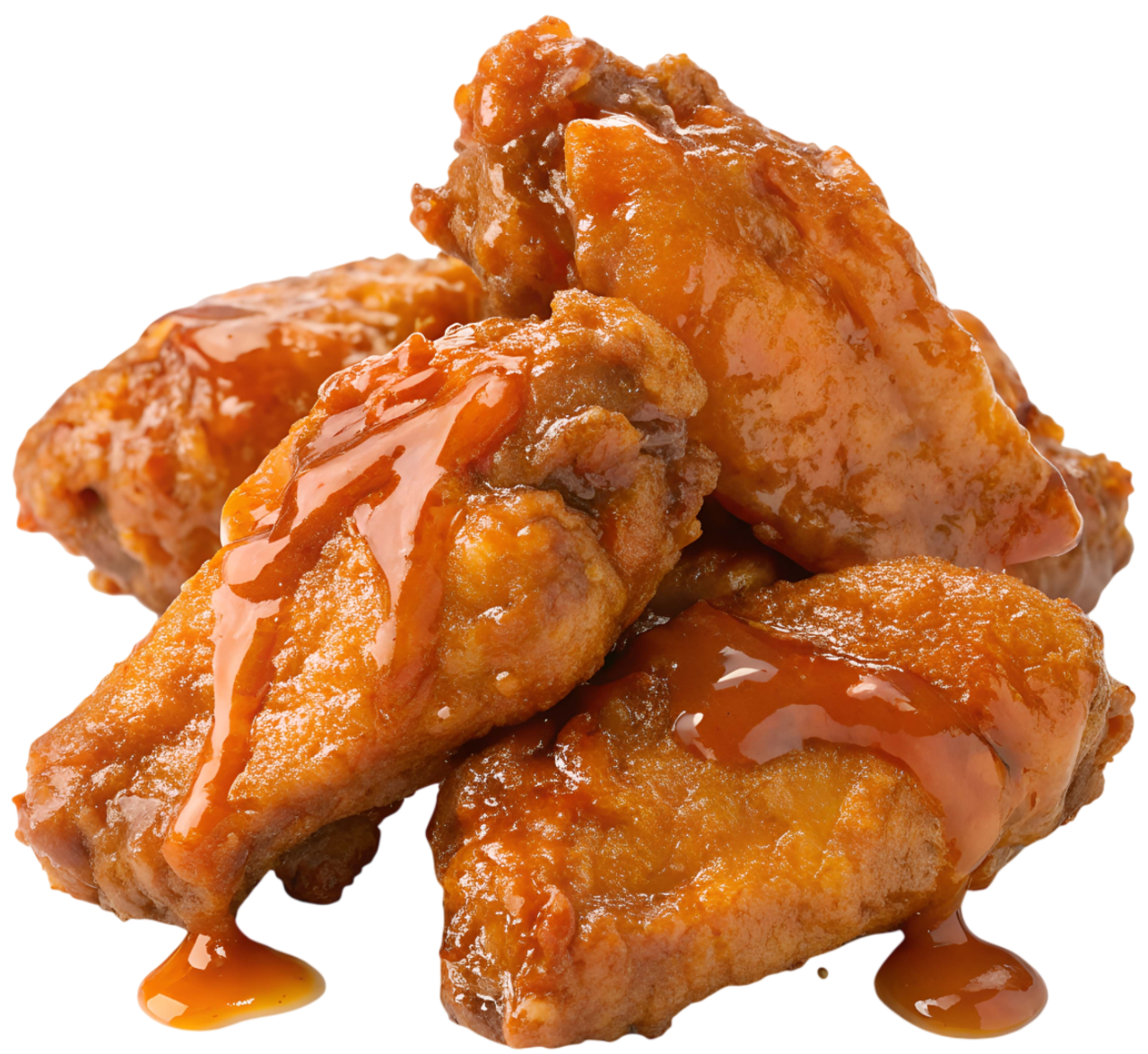 Pile of crispy fried chicken wings coated in orange sauce