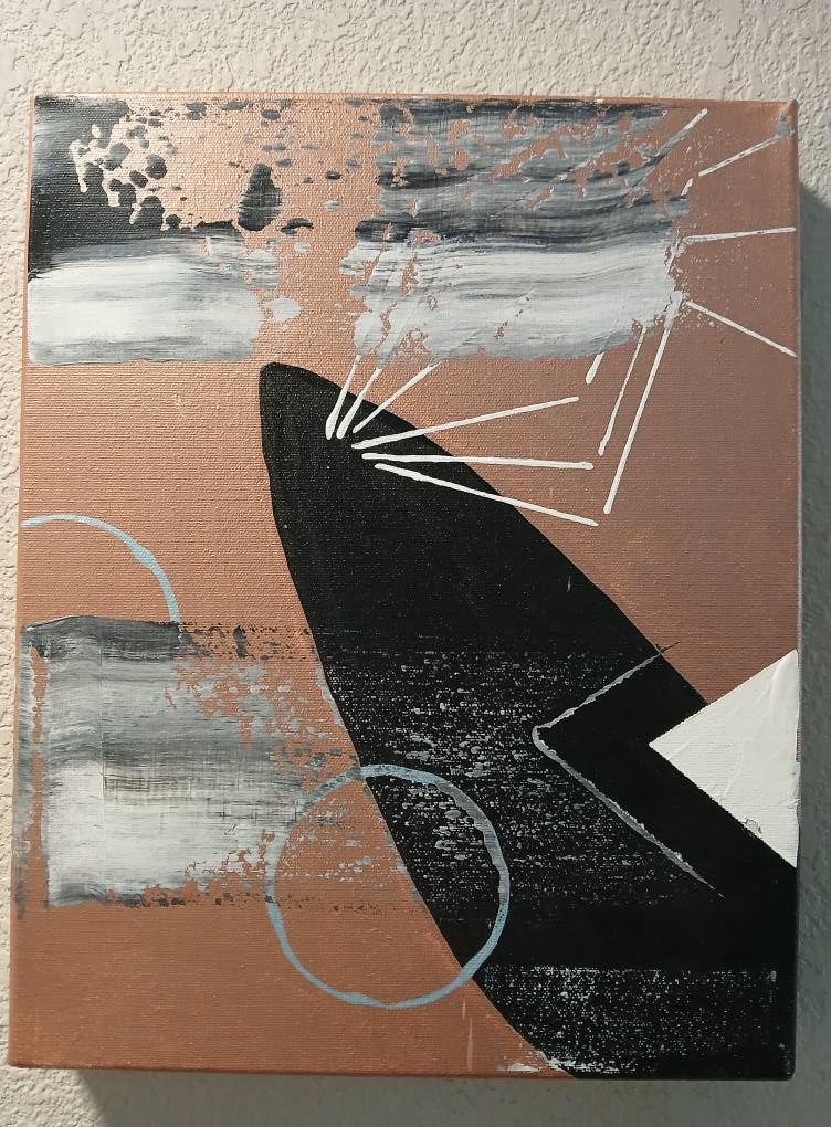 Abstract art with copper, black, white, and light blue shapes.