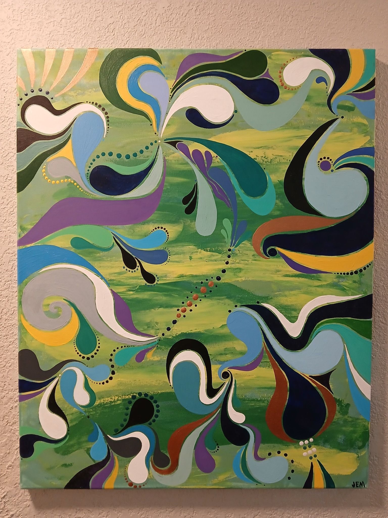 Abstract painting with swirling shapes in blue, green, yellow, purple, and brown on a textured green background.