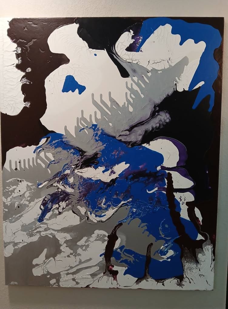 Abstract painting: white, blue, gray, and brown shapes on black and brown background.