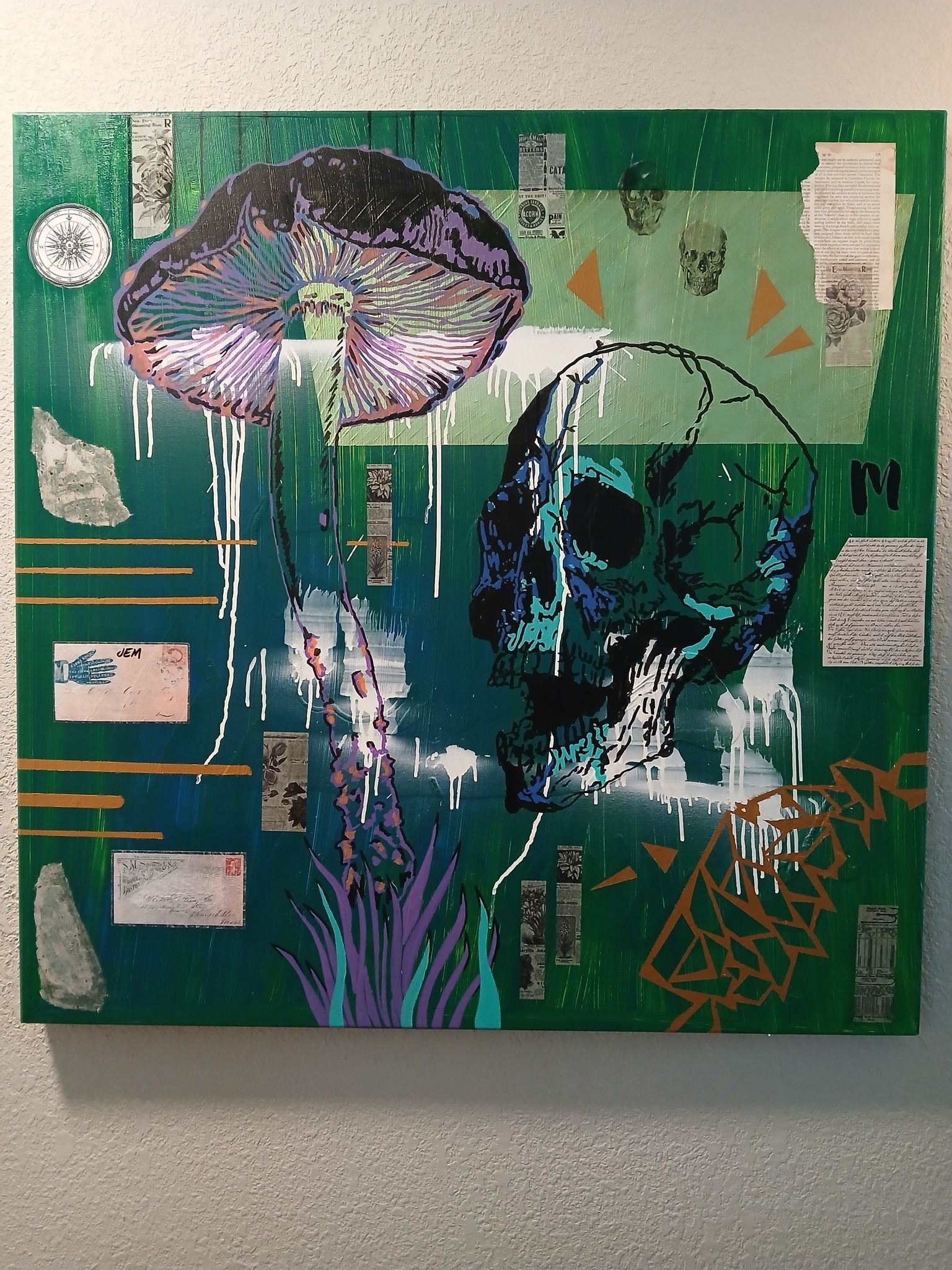 Green, pixelated art: a skull next to a mushroom with rain-like lines, with overlaid texture, and a collage background.