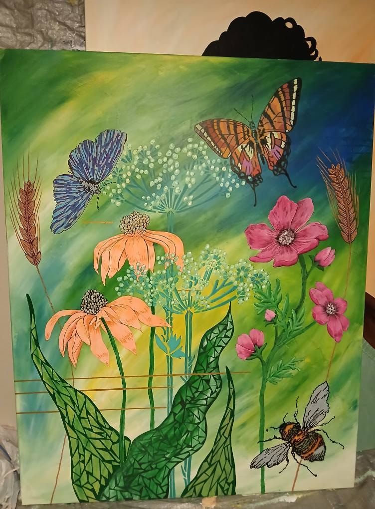 Colorful garden painting with butterflies, flowers, and a bee on a green and yellow background.
