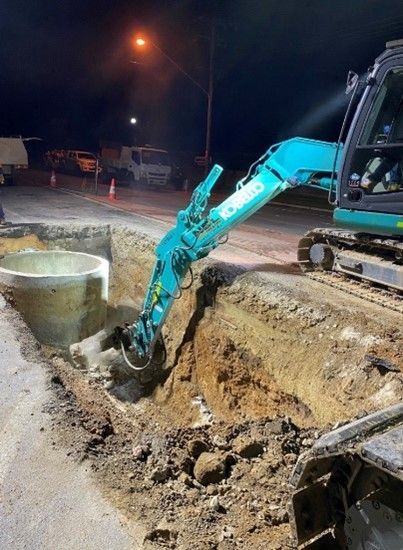 Excavator with Lights Digging on Site at Night | Young, Nsw | Ndl Pipe & Civil