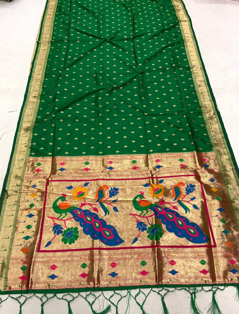 Paithani banaras silk with ready blouse (size 40+2in marjin), fall pico ready, net on pallu inside - $98
