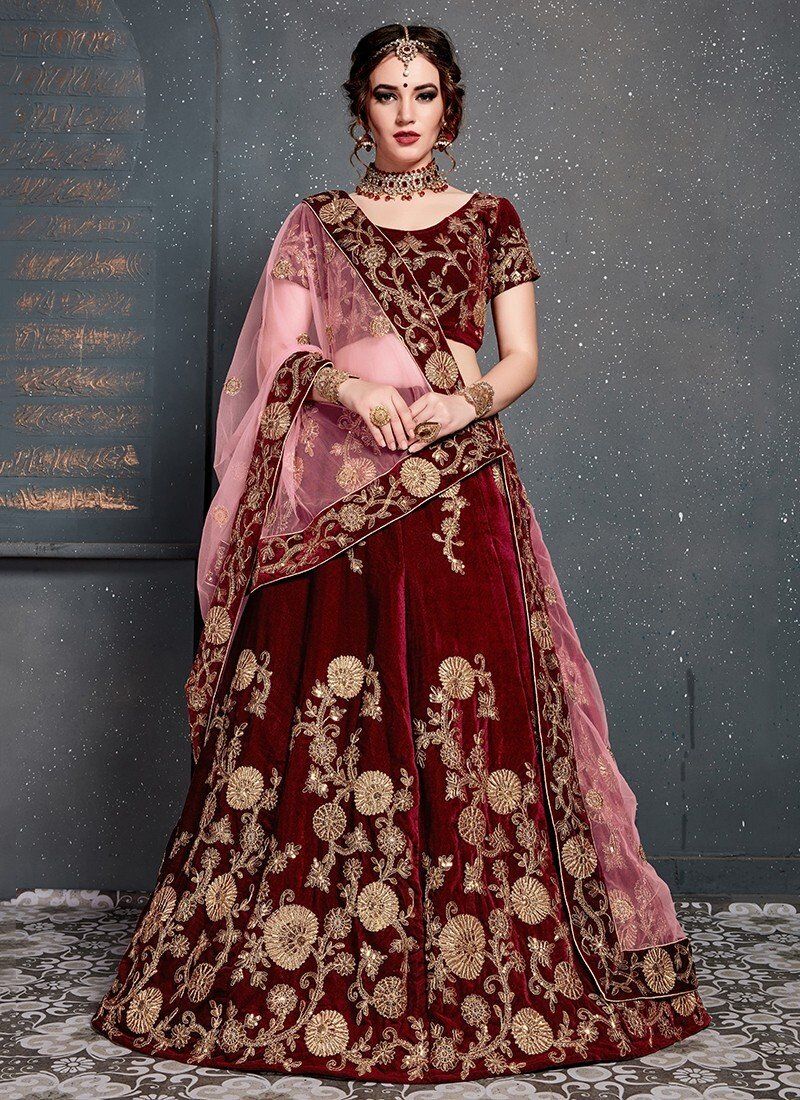Designer Red gold Stylish Festive Wear Velvet Thread Dori Zari Sequins Embroidery with Stone Work - $108