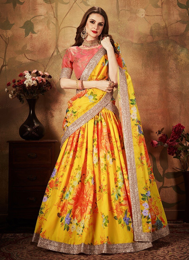 Designer orange yellow flowers Bangalori silk Dori zari lehenga - $108  (with designer blouse $132)