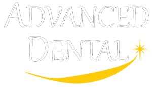 A logo for advanced dental with a yellow smile on a white background.