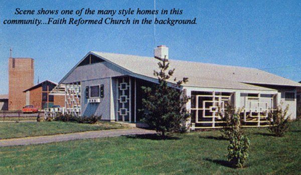 Single-story church building with geometric window design and text about a faith-formed church community in backgro