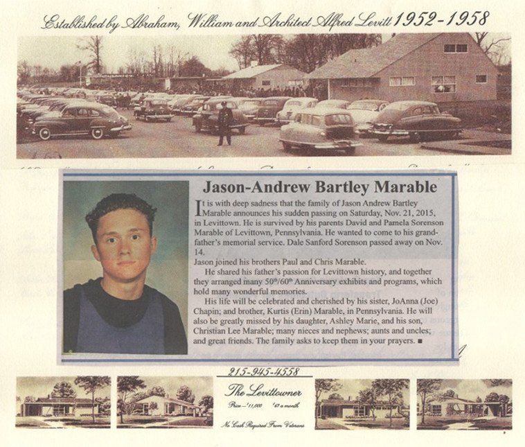 Yearbook memorial page with student portrait, campus building photo, and small photo strip at the bottom.