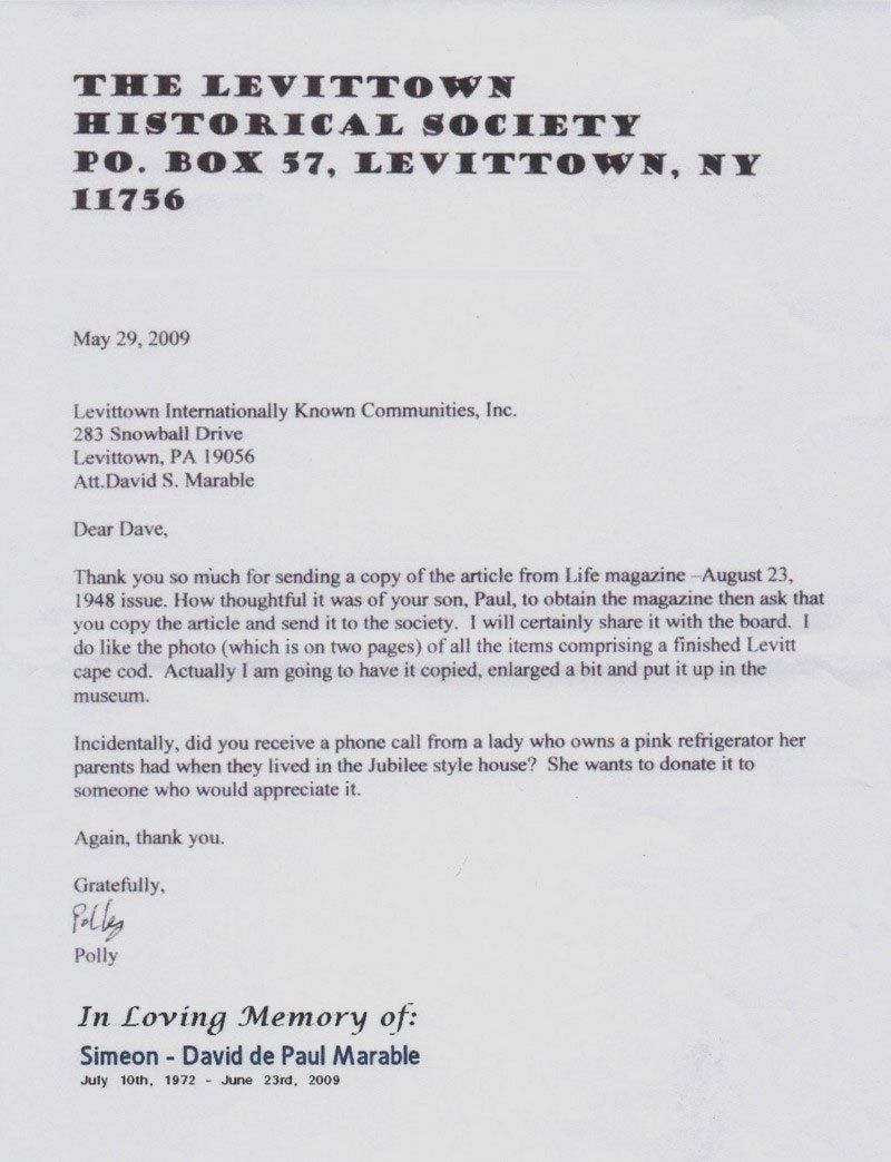 Old typed letter on Levittown Historical Society letterhead, dated May 23, 2000.