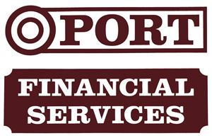 Maroon and white “PORT FINANCIAL SERVICES” logo