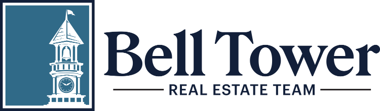 Bell Tower Real Estate Team logo with blue tower icon and navy text on white background