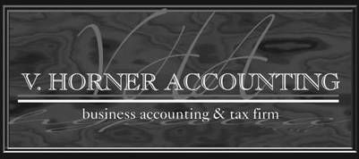 V. Horner Accounting logo with white text on a dark marbled background, reading “business accounting & tax firm”