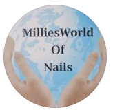 MilliesWorld Of Nails text over a pale blue nail polish and nail art logo on a circular background