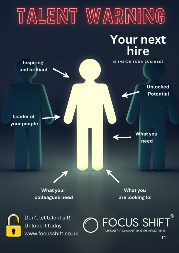 Talent warning infographic with three figures. A central glowing figure with arrows and text.