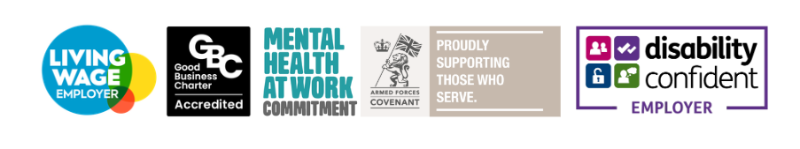 Logos for Living Wage, GBC, Mental Health at Work, and Disability Confident.