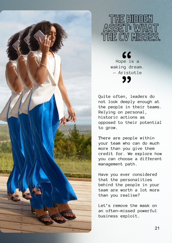 Woman in blue pants and white top, using phone, duplicated in a blurred effect next to text.