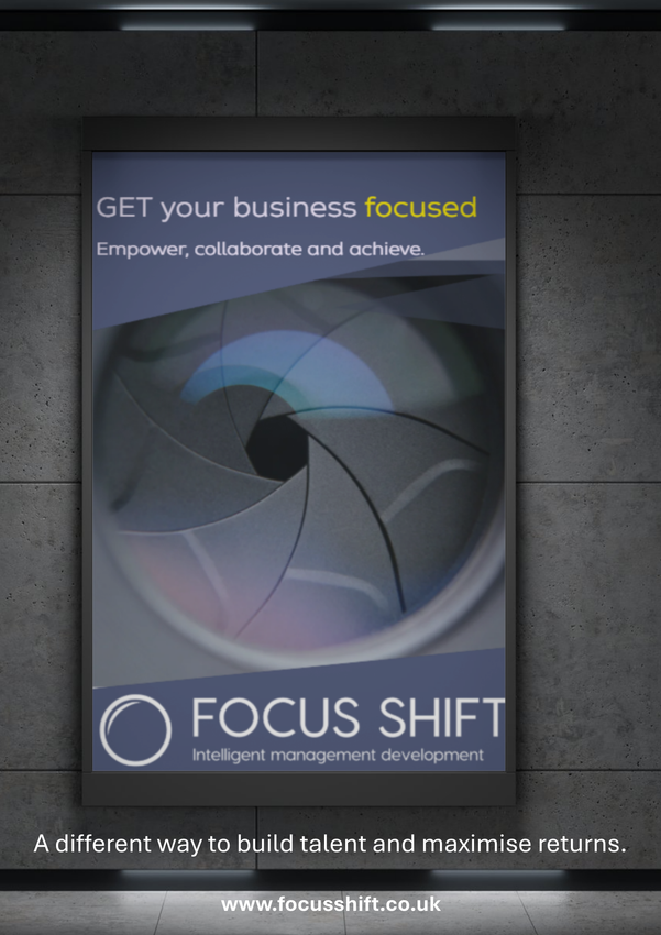 Billboard ad for Focus Shift: a camera aperture graphic with text 