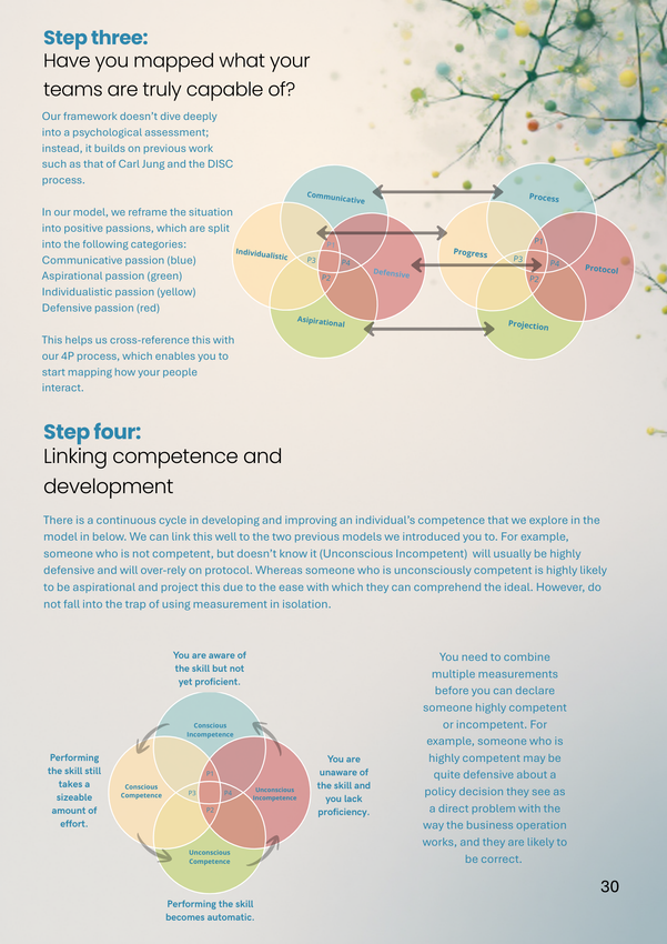 Diagram: Steps 3 and 4 of a process. Circles with arrows, text on mapping, competence, and development.