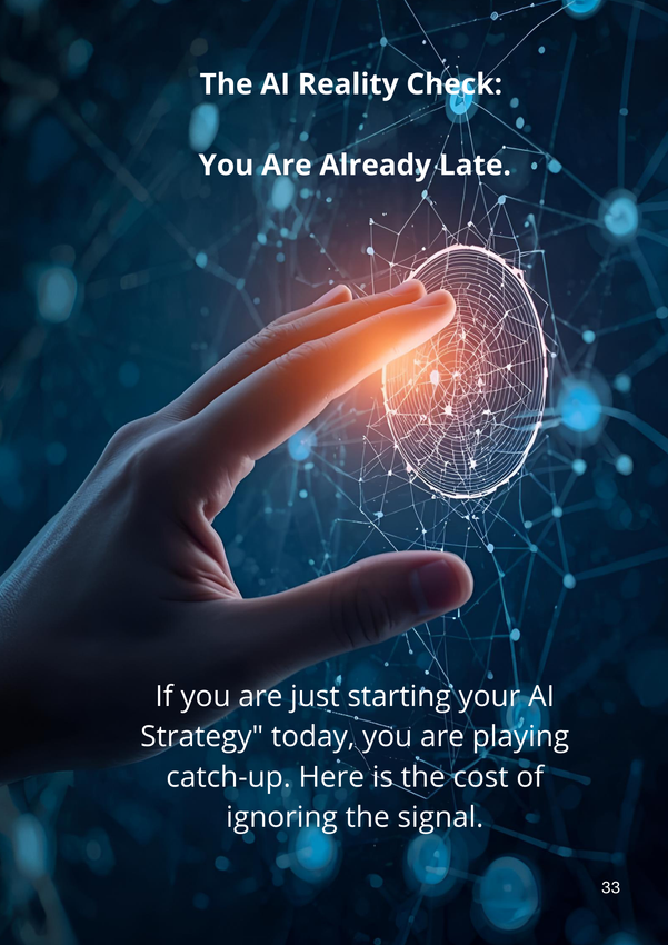 Hand touching a glowing AI network graphic, text reads: 