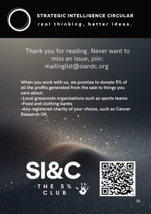 Black and white document with text: strategic intelligence circular, a thank you, donation info, SI&C logo and a QR code.