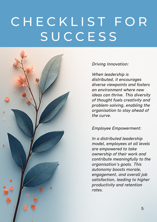 Checklist for Success: A page with a floral illustration and text about leadership and employee empowerment.