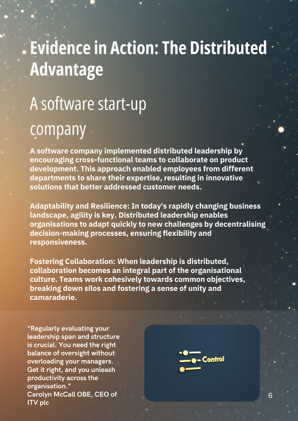 Evidence in Action: The Distributed Advantage, software startup company. Text with blue background, graphic of four arrows.