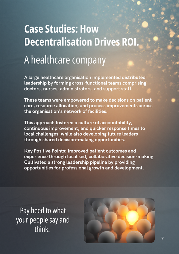 Case study: Decentralization in healthcare drives ROI. Text with graphic of glowing lightbulb and blurred figures.
