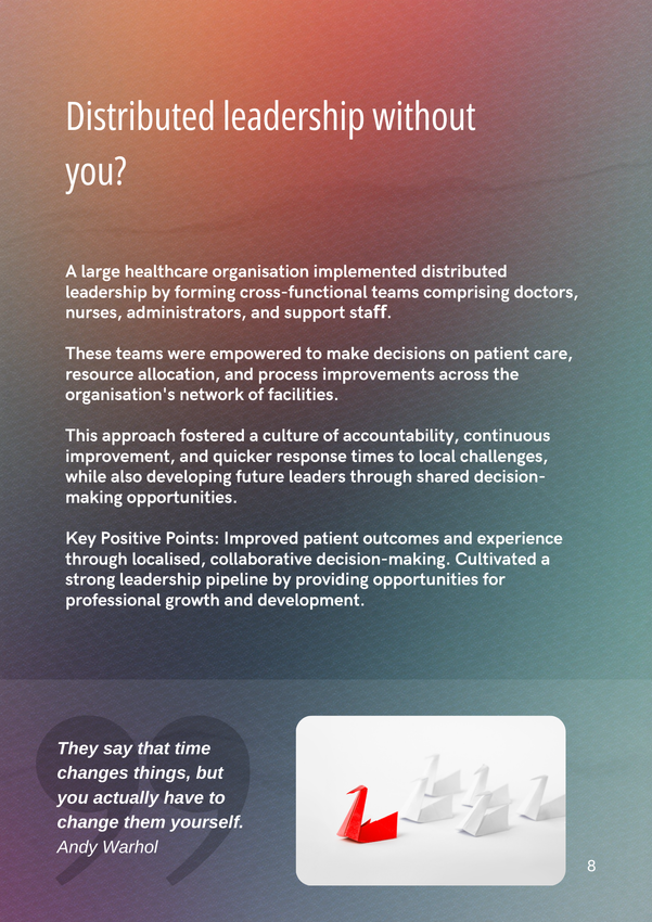 Text on distributed leadership; dominoes, one red, others white, topple.