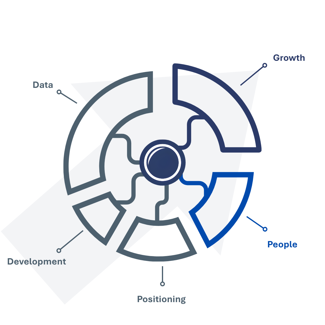 Circular business diagram labeled Data, Development, Positioning, People, and Growth in gray and blue segments