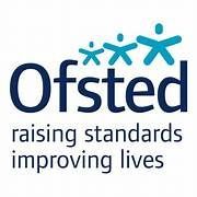 Ofsted logo: Dark blue text and stylized figures above text 