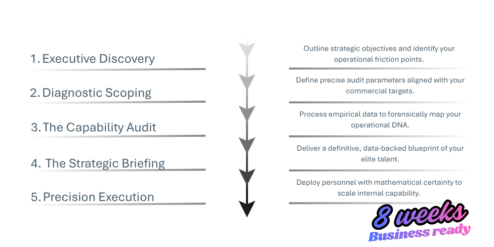 A five-step process list with arrows, detailing stages from Executive Discovery to Precision Execution.