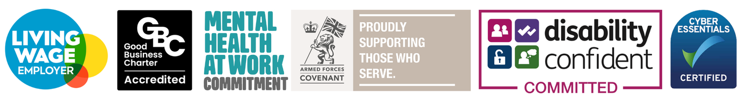 Logos for Living Wage, GBC, Mental Health at Work, and Disability Confident.