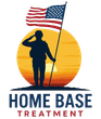 Silhouette of soldier saluting, holding American flag, in front of a sunset, logo for "Home Base Treatment".