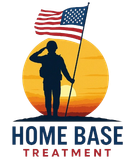 Silhouette of soldier saluting, holding American flag, in front of a sunset, logo for "Home Base Treatment".