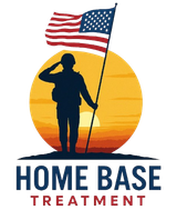 Silhouette of soldier saluting, holding American flag, in front of a sunset, logo for "Home Base Treatment".