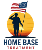 Silhouette of soldier saluting, holding American flag, in front of a sunset, logo for "Home Base Treatment".