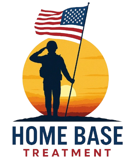 Silhouette of soldier saluting, holding American flag, in front of a sunset, logo for "Home Base Treatment".