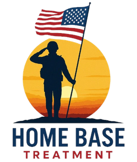 Silhouette of soldier saluting, holding American flag, in front of a sunset, logo for 