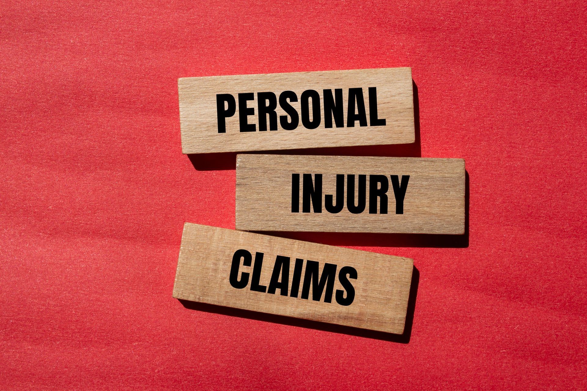 Personal injury claims written on wooden blocks with red background.