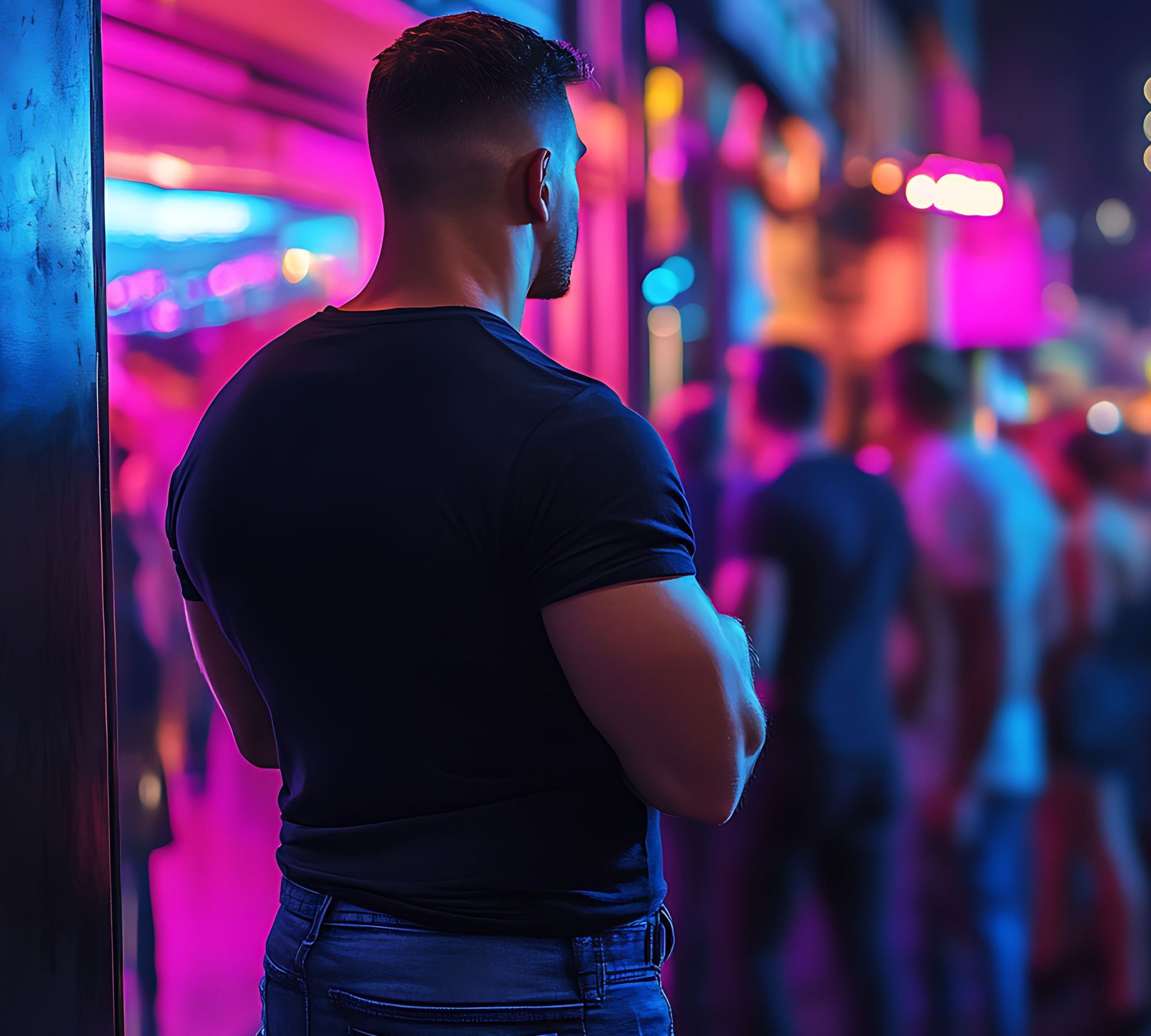 A man in a black shirt is standing in front of a crowd of people.