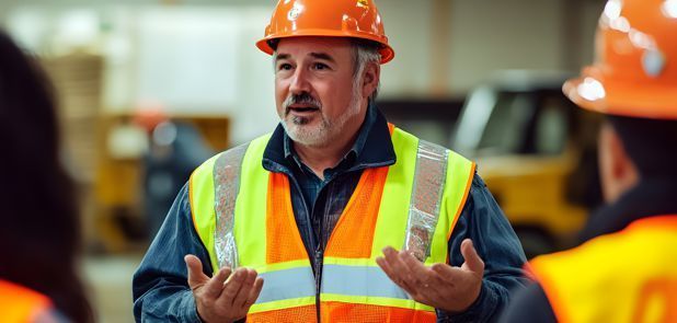 A construction worker wearing a hard hat and safety vest is talking to a group of people.