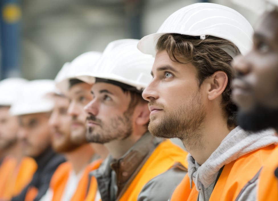 A group of construction workers wearing hard hats and orange vests are sitting in a row.