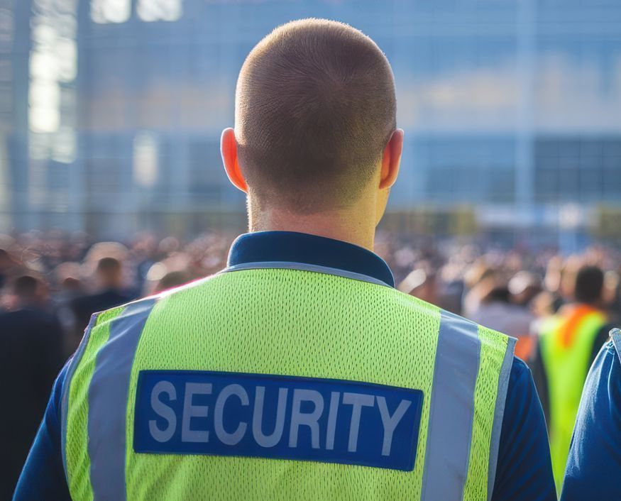 A security guard is standing in front of a crowd of people.