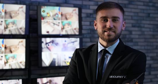 A man in a suit and tie is standing in front of a wall of monitors.