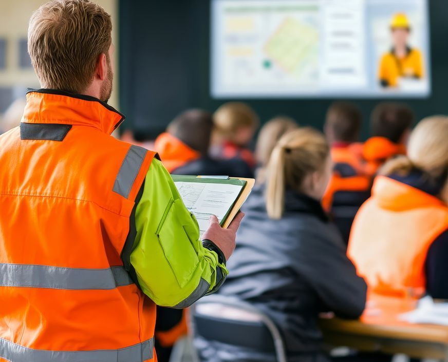 A man in an orange vest is holding a clipboard in front of a group of people.