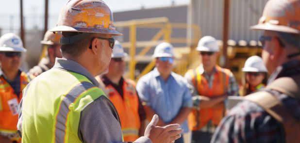 A man in a hard hat is talking to a group of construction workers.