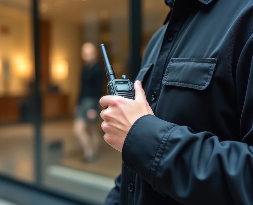 A security guard is holding a walkie talkie in his hand.