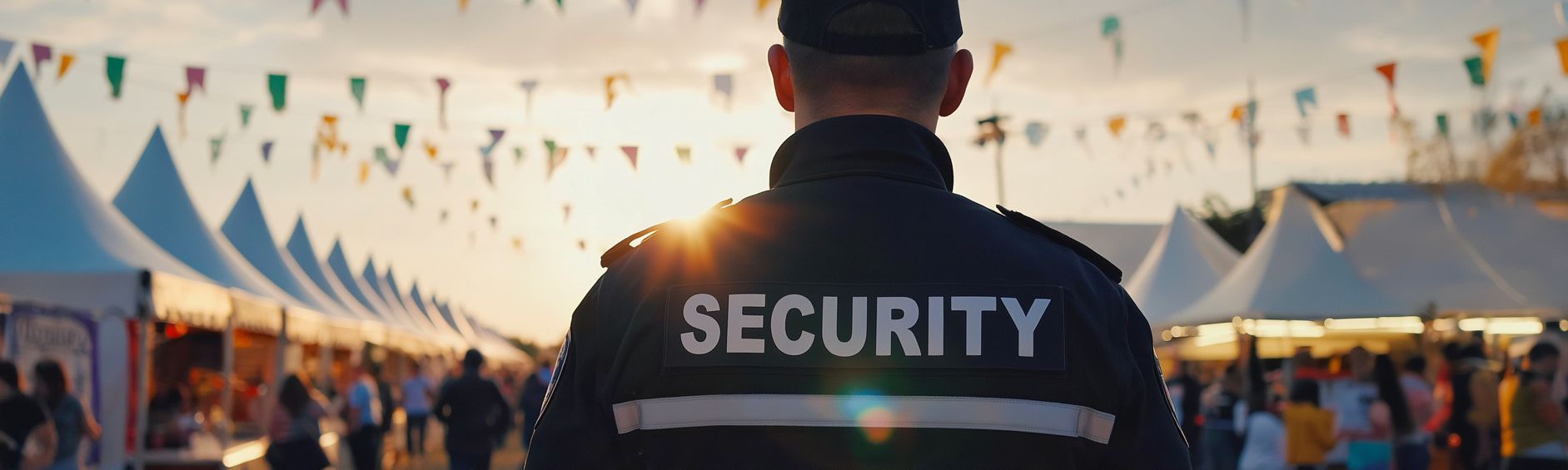 A security guard is standing in front of a crowd of people at a festival.