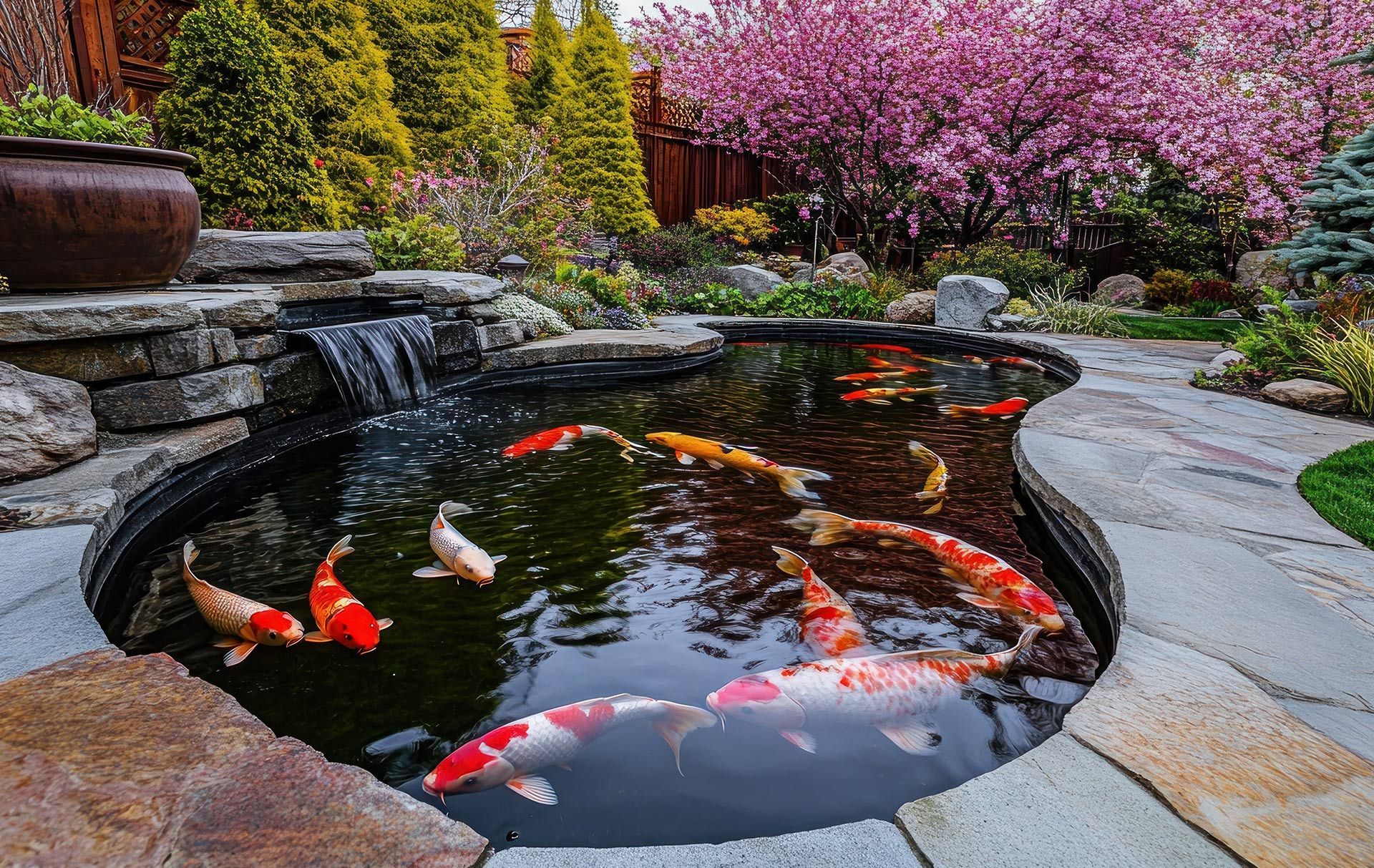 Koi fish swim in a stone-lined garden pond featuring a small waterfall, surrounded by pink blooming trees and shrubs.